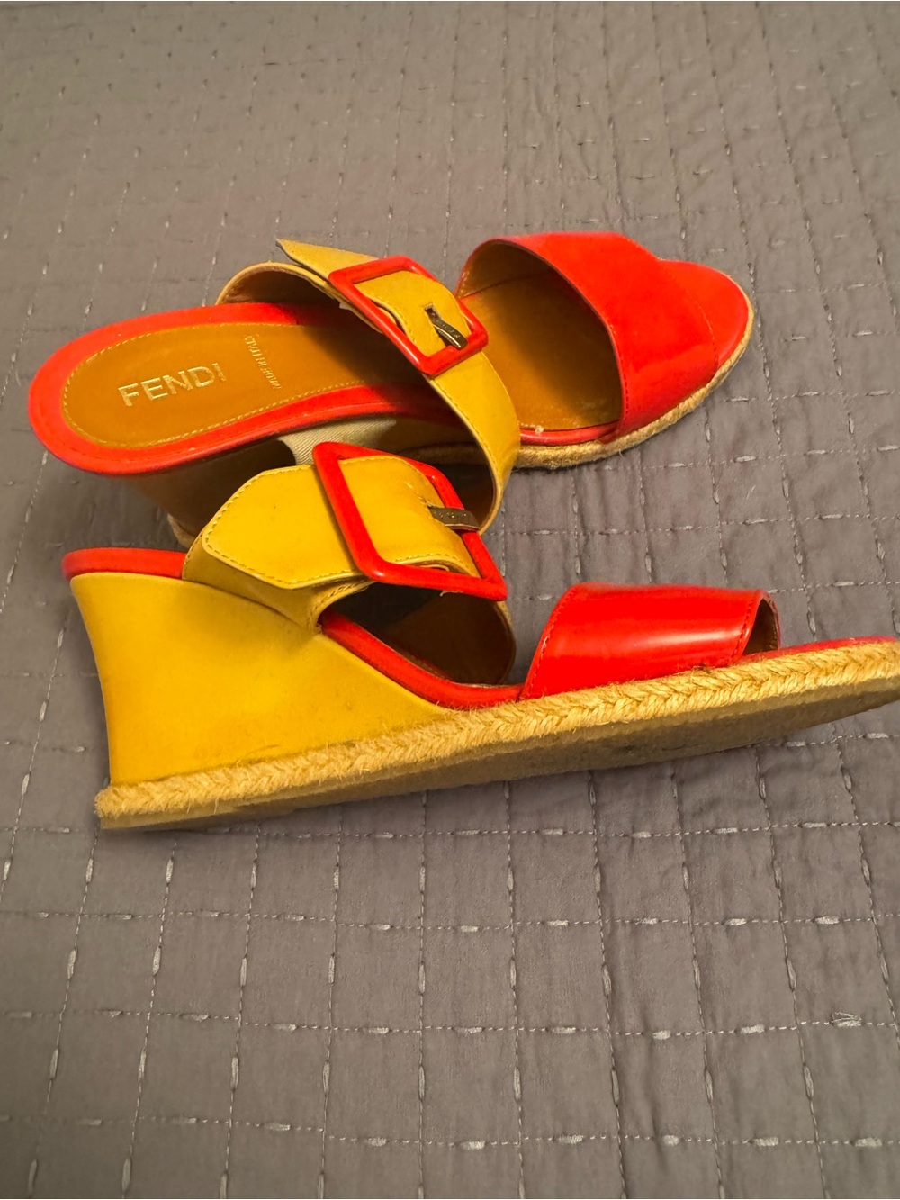 Fendi Red and Mustard Patent Wedge Slide Sandals - Women - Picture 4 of 7
